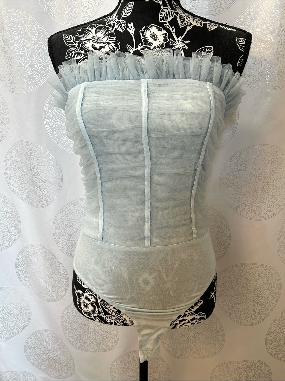 Blue Blush Sheer Ruffle Trim Strapless Corset Bodysuit Light Blue Women Medium